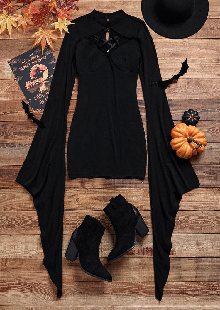 

Mini Dresses Halloween Criss-Cross Batwing Sleeve Mini Dress in Black. Size