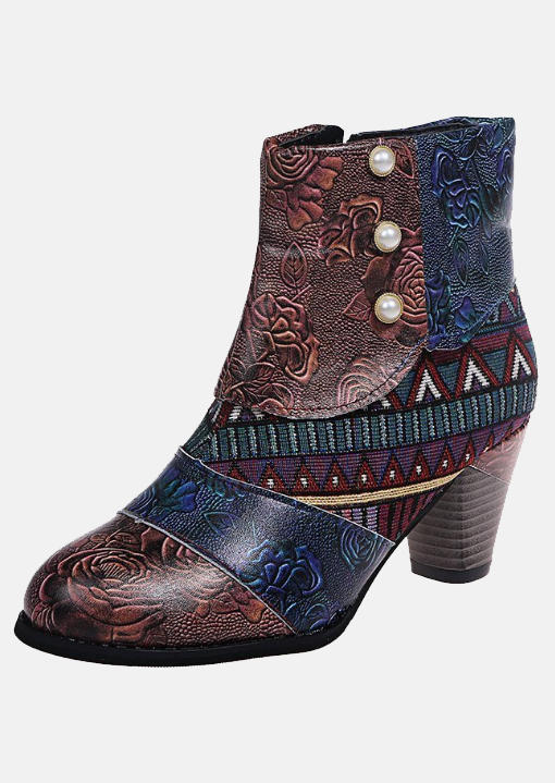

Boots Floral Zipper PU Leather Round Toe Heeled Boots in Multicolor. Size