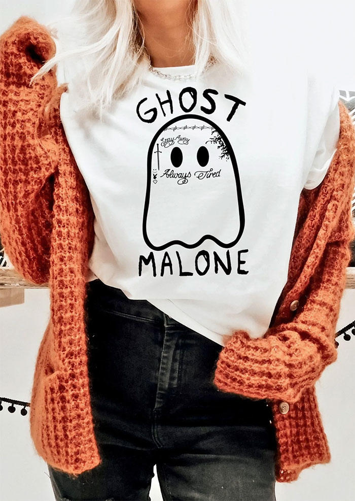 

T-shirts Tees Halloween Ghost Malone O-Neck T-Shirt Tee in White. Size