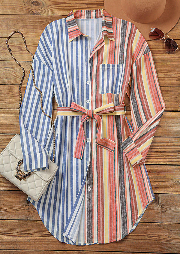 Mini Dresses Colorful Striped Pocket Mini Dress with Belt in Multicolor. Size: L,M,S,XL