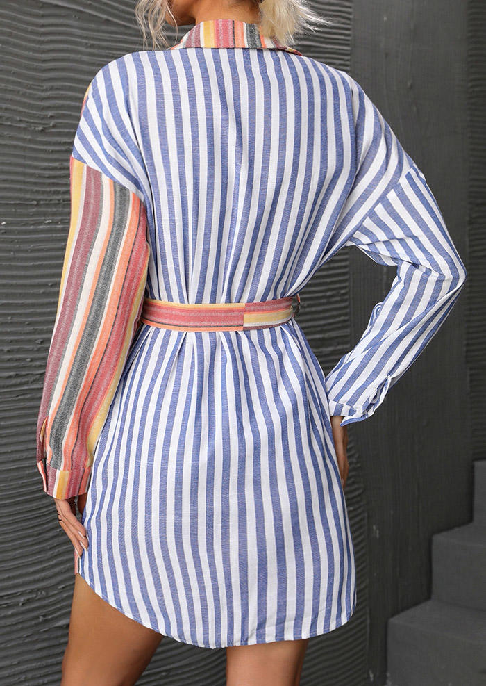 Colorful Striped Pocket Mini Dress with Belt