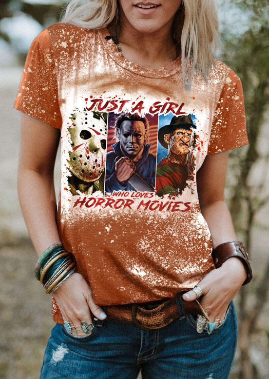 T-shirts Tees Halloween Just A Girl Who Loves Horror Movies Bleached T-Shirt Tee in Orange. Size: L,M,S,XL