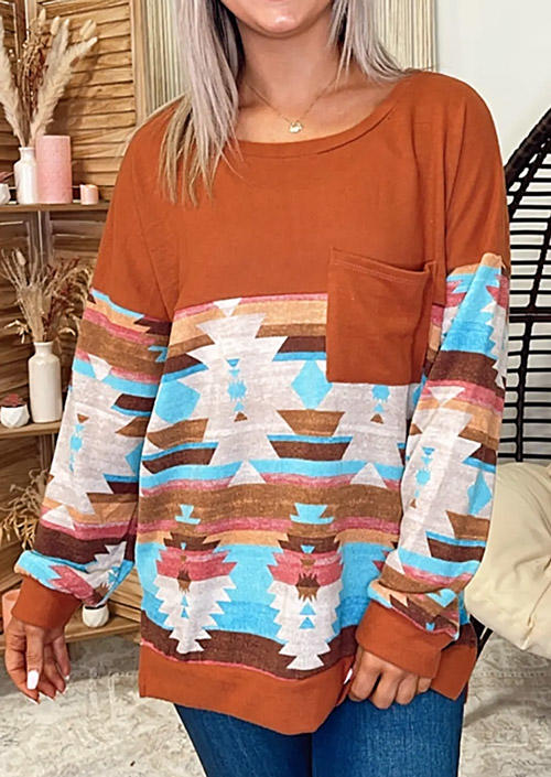 

Blouses Aztec Pocket Long Sleeve Blouse in Orange. Size