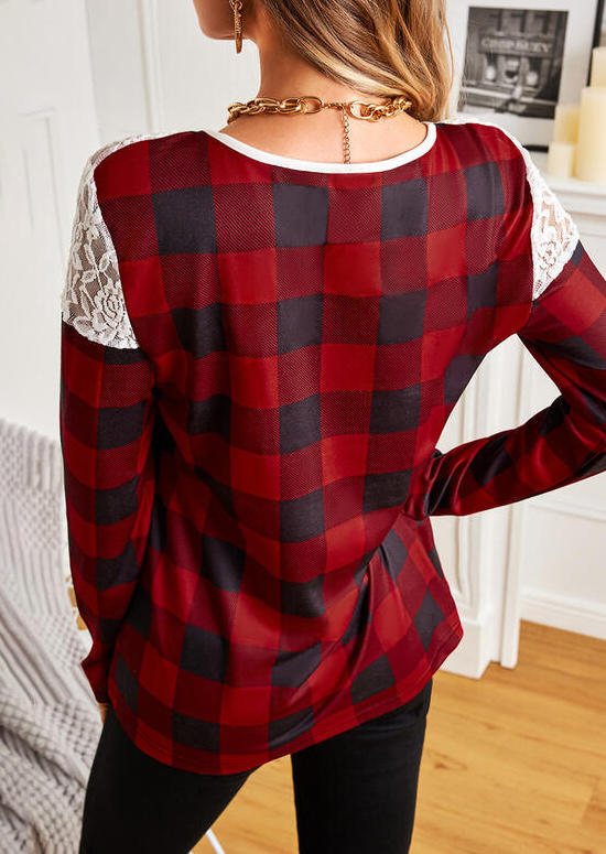 Blouses Buffalo Plaid Lace Splicing Long Sleeve Blouse in Red. Size: M,S