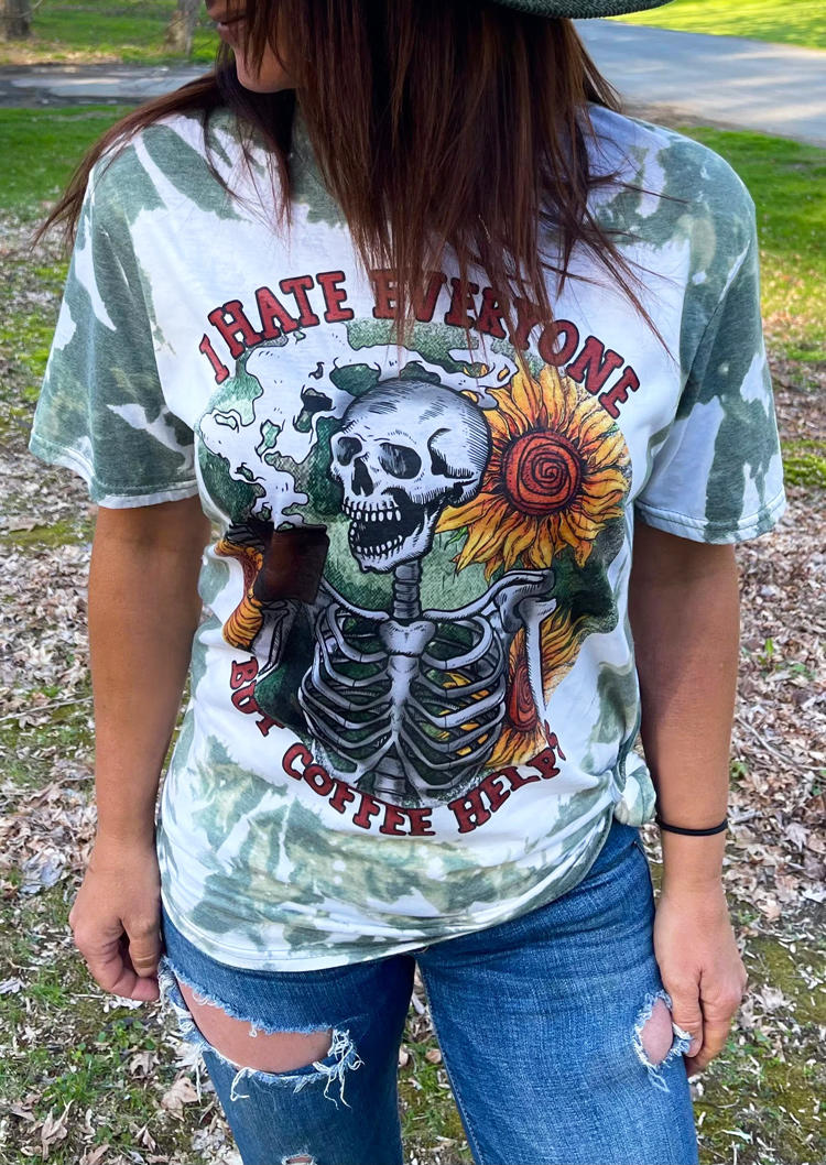 T-shirts Tees Halloween I Hate Everyone But Coffee Helps Skeleton Sunflower T-Shirt Tee in Multicolor. Size: M,S