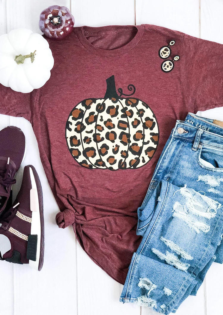 

T-shirts Tees Leopard Pumpkin O-Neck T-Shirt Tee in Red. Size: L,M