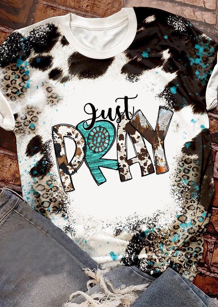

T-shirts Tees Just Pray Cow Leopard Turquoise T-Shirt Tee in Multicolor. Size