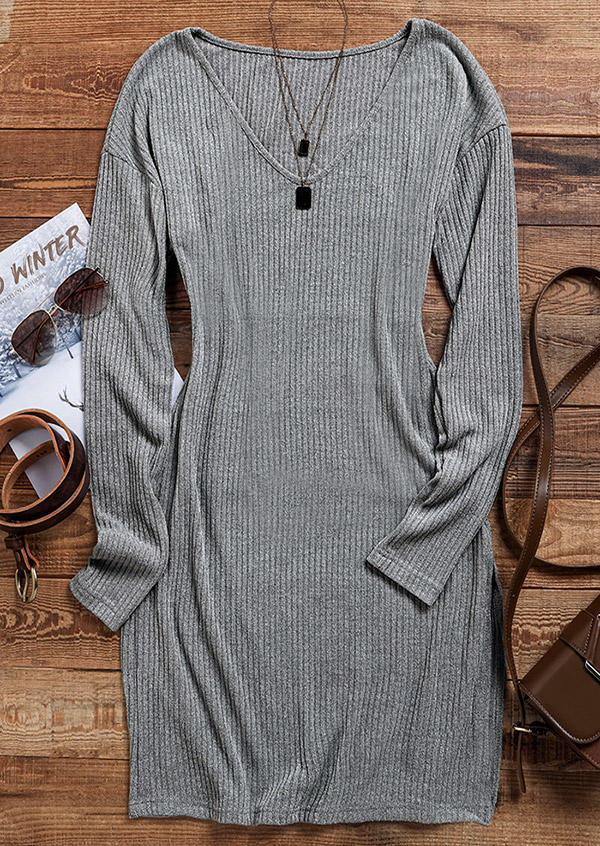 

Sweater Dresses Long Sleeve V-Neck Sweater Dress in Gray. Size