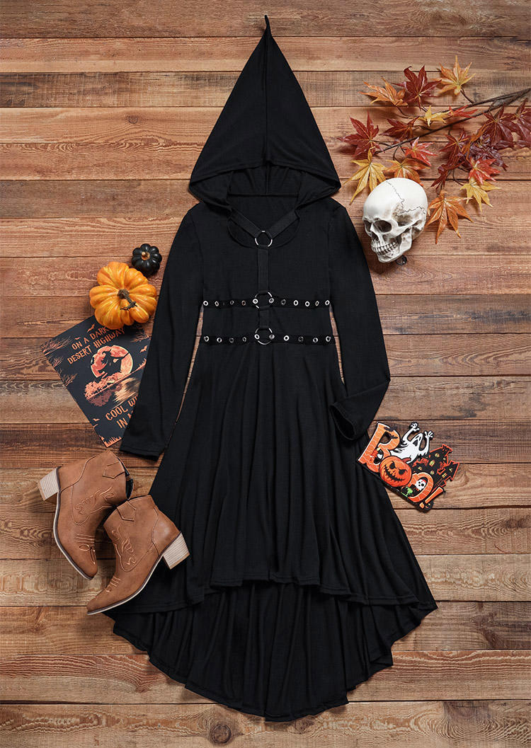 Midi Dresses Halloween Hollow Out High Low Hem Hooded Midi Dress in Black. Size: M,S