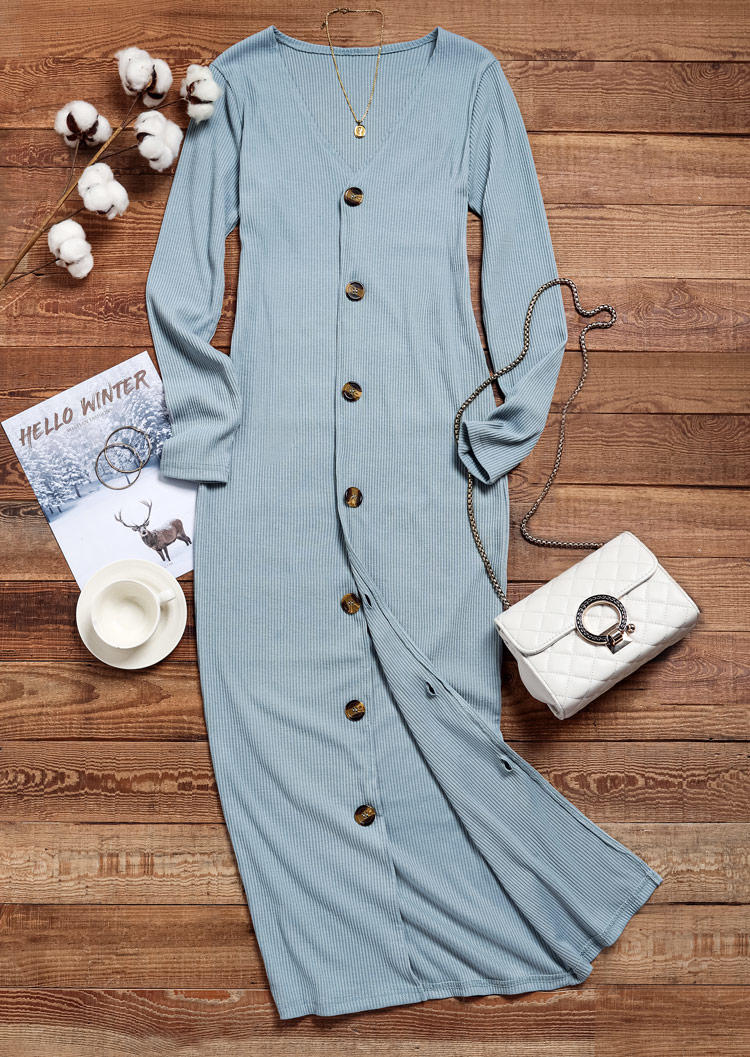 Button Long Sleeve V-Neck Maxi Dress without Belt - Blue