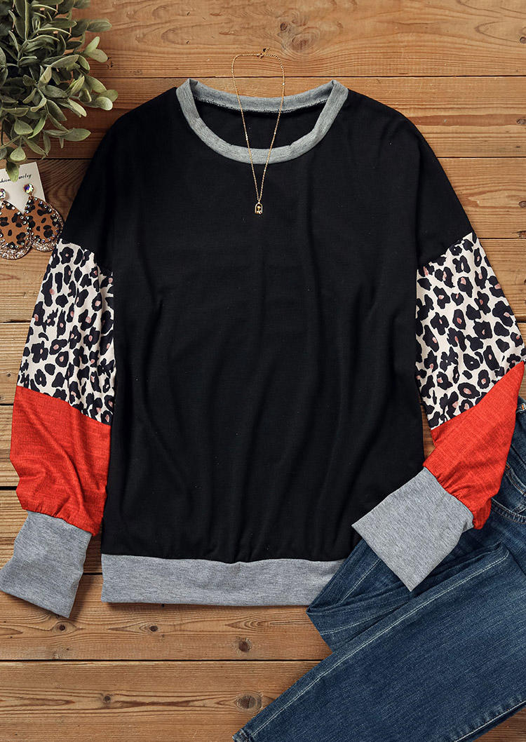 Blouses Leopard Color Block O-Neck Blouse in Black. Size: M,S,XL