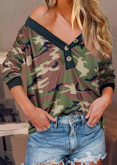 Blouses Camouflage Button Long Sleeve V-Neck Blouse in Multicolor. Size: M,S