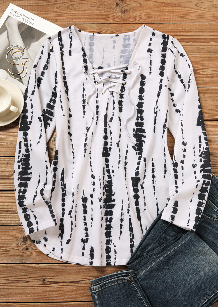 Tie Dye Lace Up Long Sleeve Blouse - Gray