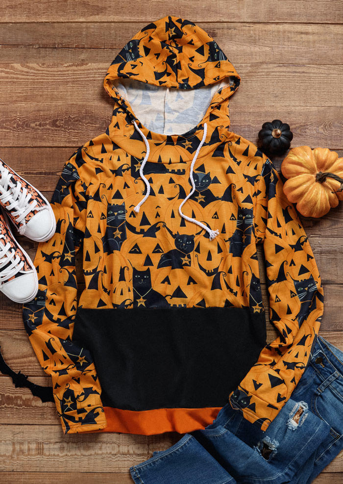 

Hoodies Halloween Color Block Pumpkin Face Cat Thumbhole Hoodie in Multicolor. Size: L,M,,XL