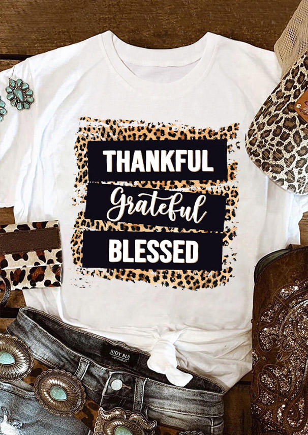 

T-shirts Tees Thankful Grateful Blessed Leopard T-Shirt Tee in White. Size