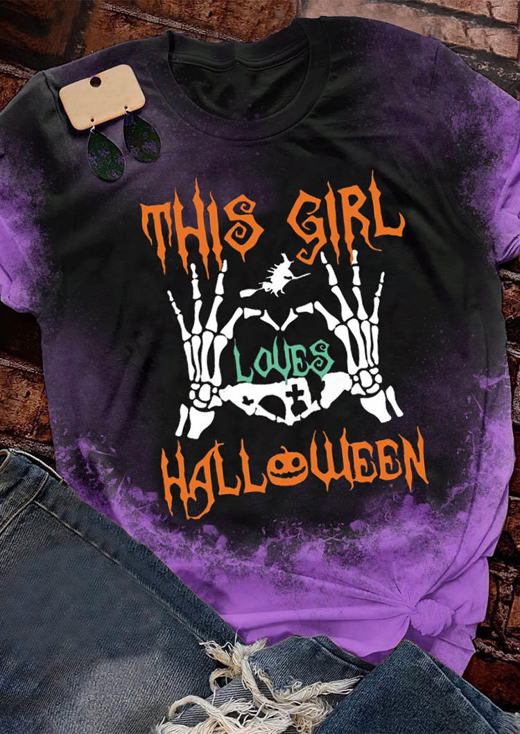 

T-shirts Tees This Girl Loves Halloween Pumpkin Face Skeleton Hand T-Shirt Tee in Multicolor. Size: L