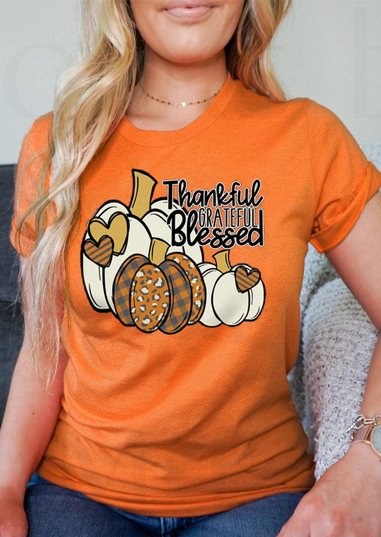 Thankful Grateful Blessed Pumpkin T-Shirt Tee - Orange