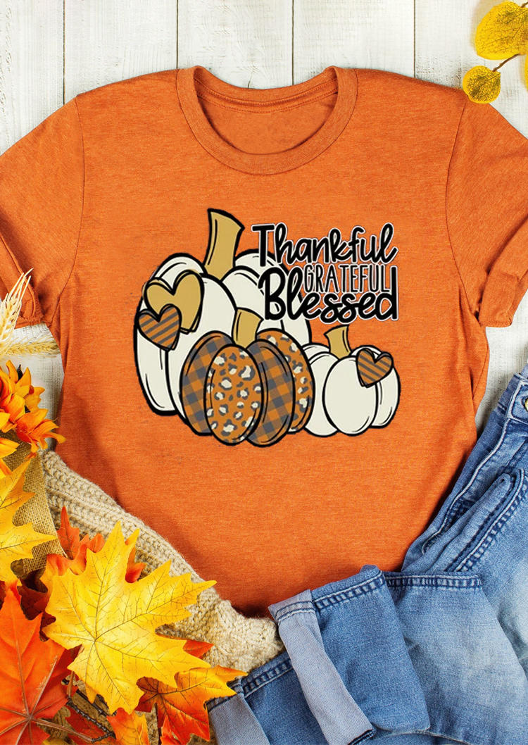 

T-shirts Tees Thankful Grateful Blessed Pumpkin T-Shirt Tee in Orange. Size: M