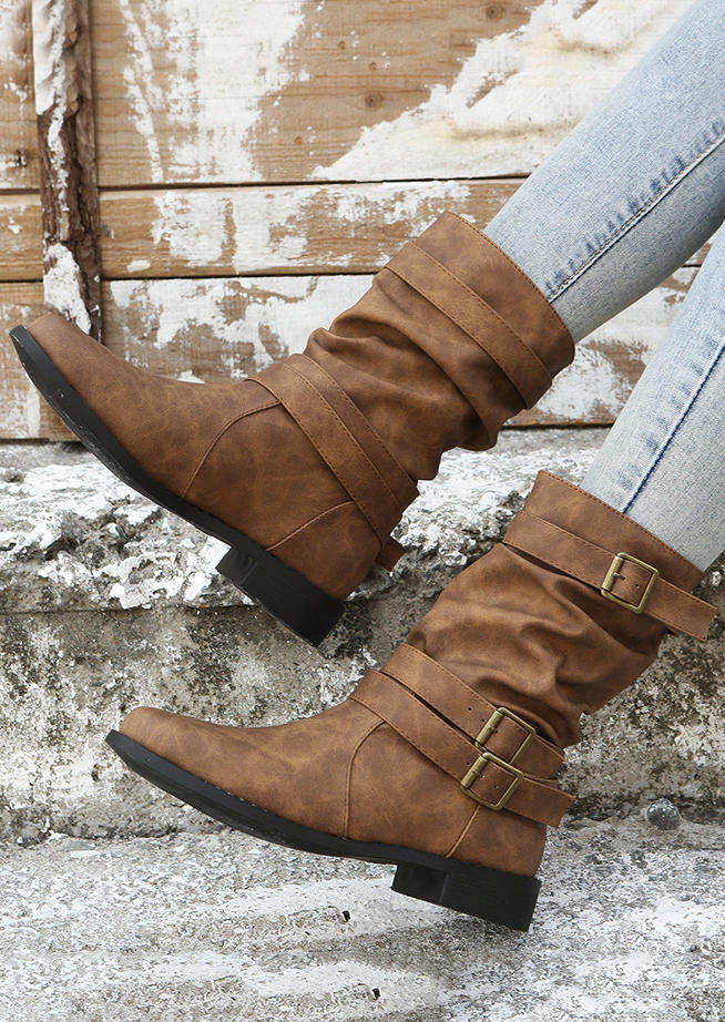 Boots Buckle Strap Round Toe PU Leather Mid-Calf Boots in Brown. Size: 38