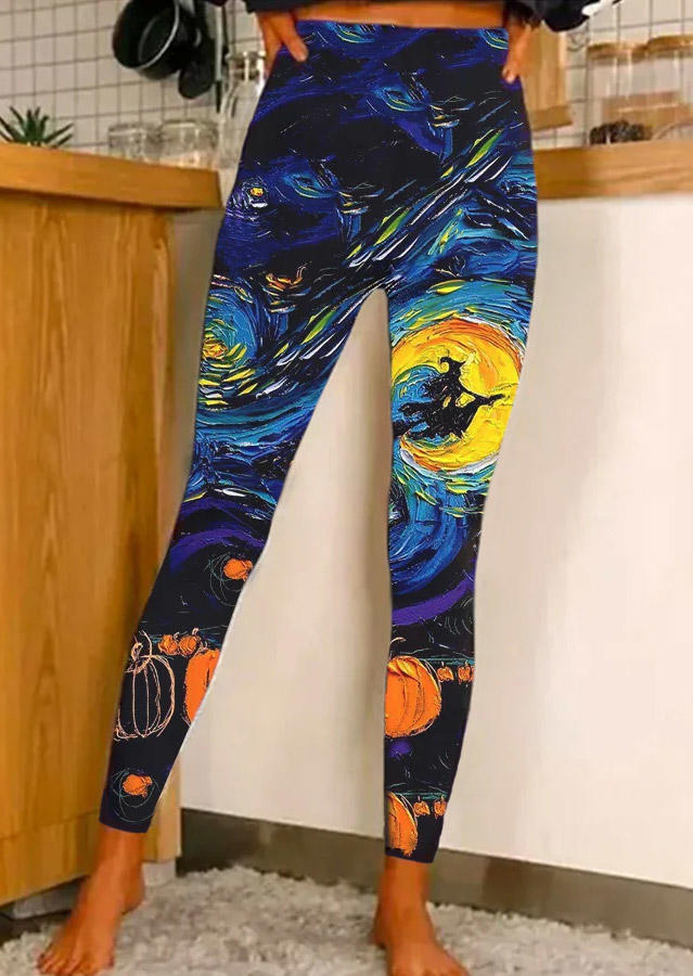 Leggings Halloween Witch Pumpkin Oil Painting Leggings in Multicolor. Size: L,M,S,XL