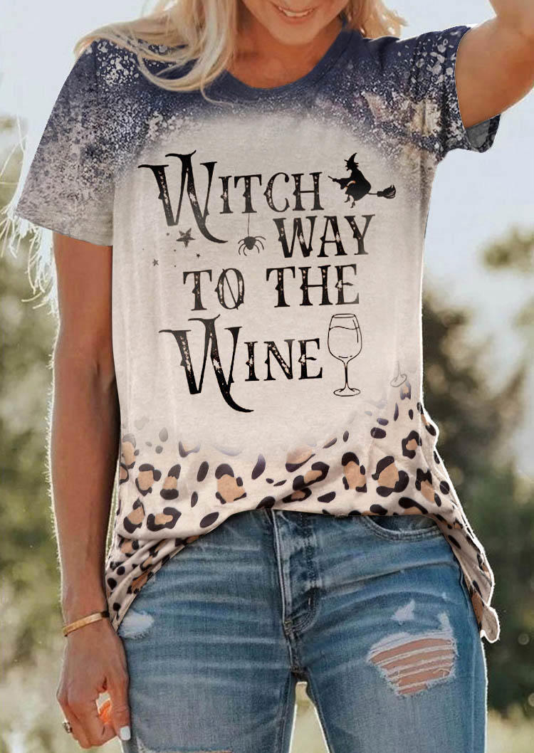 Halloween Witch Way To The Wine Leopard Bleached T-Shirt Tee