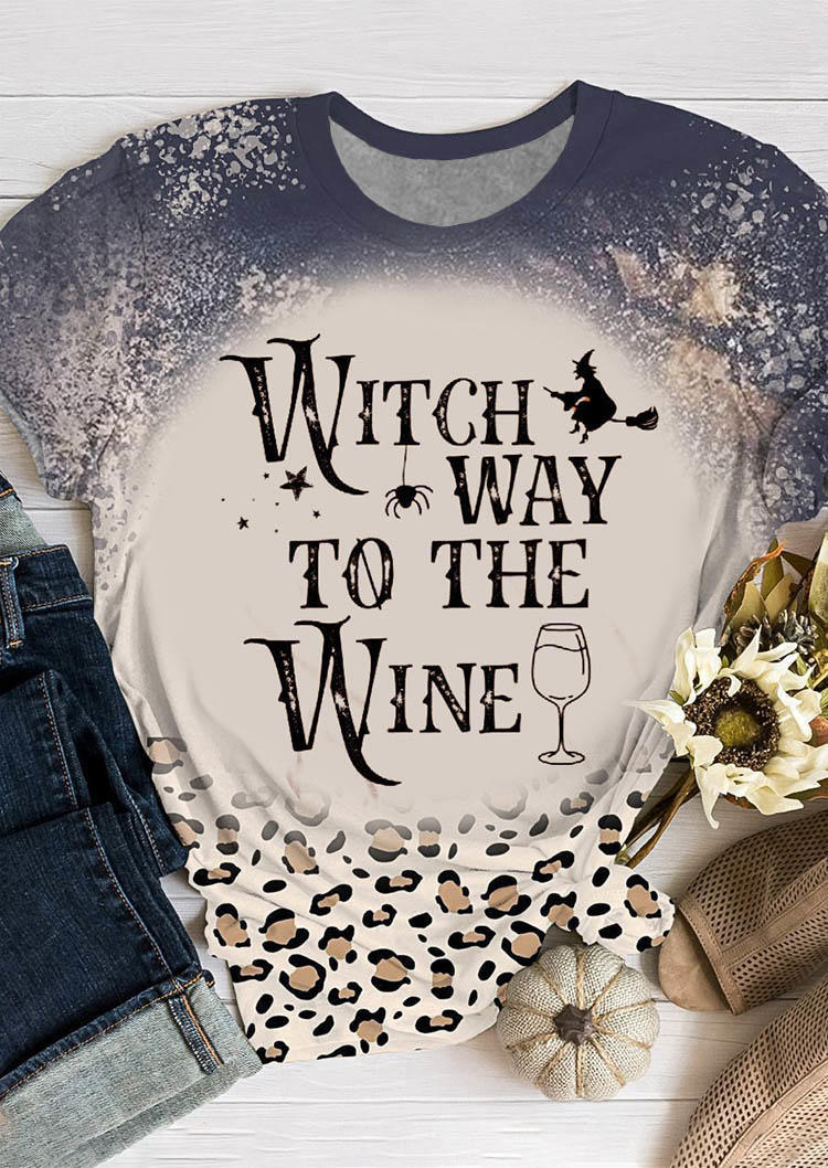 T-shirts Tees Halloween Witch Way To The Wine Leopard Bleached T-Shirt Tee in Multicolor. Size: L,M,S,XL