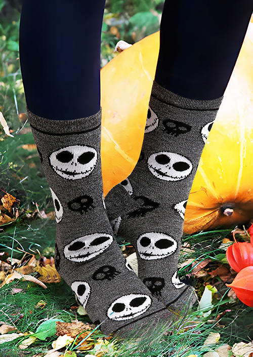 Crew Socks Halloween Skull Casual Crew Socks in Gray,Purple. Size: One Size