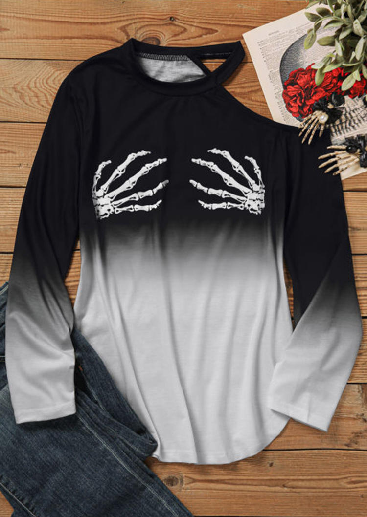 

Blouses Gradient Skeleton Hand O-Neck Blouse in Black. Size