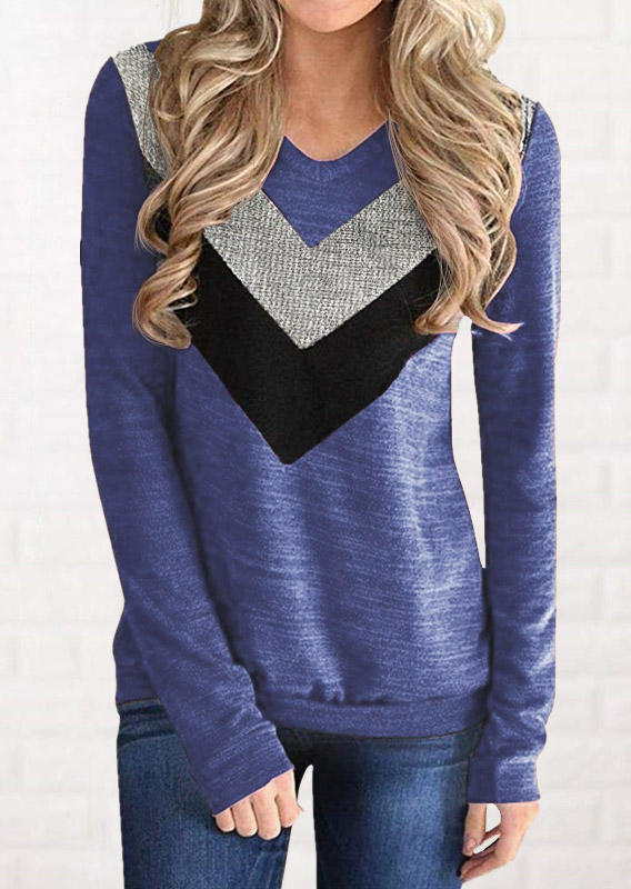 Color Block Glitter Long Sleeve Blouse - Blue