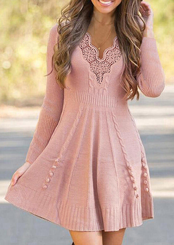 

Sweater Dresses Lace Splicing Crochet Long Sleeve Sweater Dress in Pink. Size