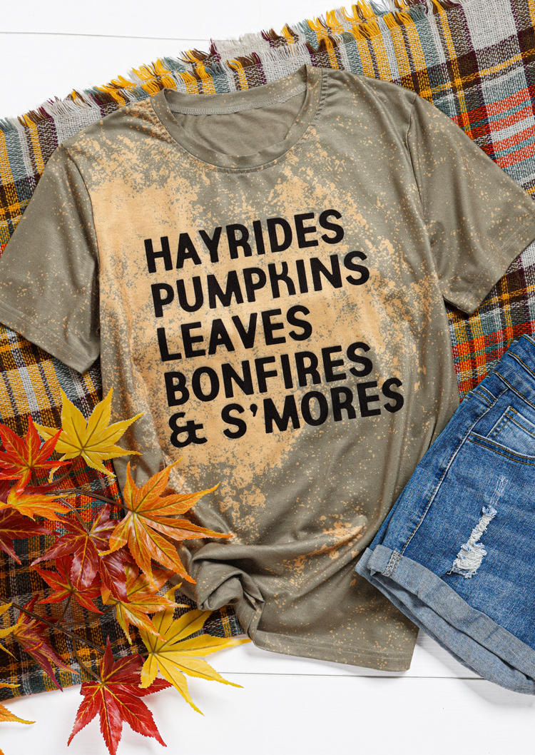 

T-shirts Tees Hayrides Pumpkins Leaves Bonfires & S'mores Bleached T-Shirt Tee in Green. Size