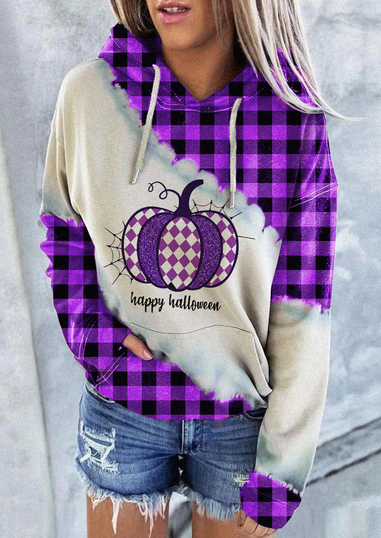 

Hoodies Happy Halloween Plaid Pumpkin Color Block Kangaroo Pocket Hoodie in Multicolor. Size: L,M,,XL