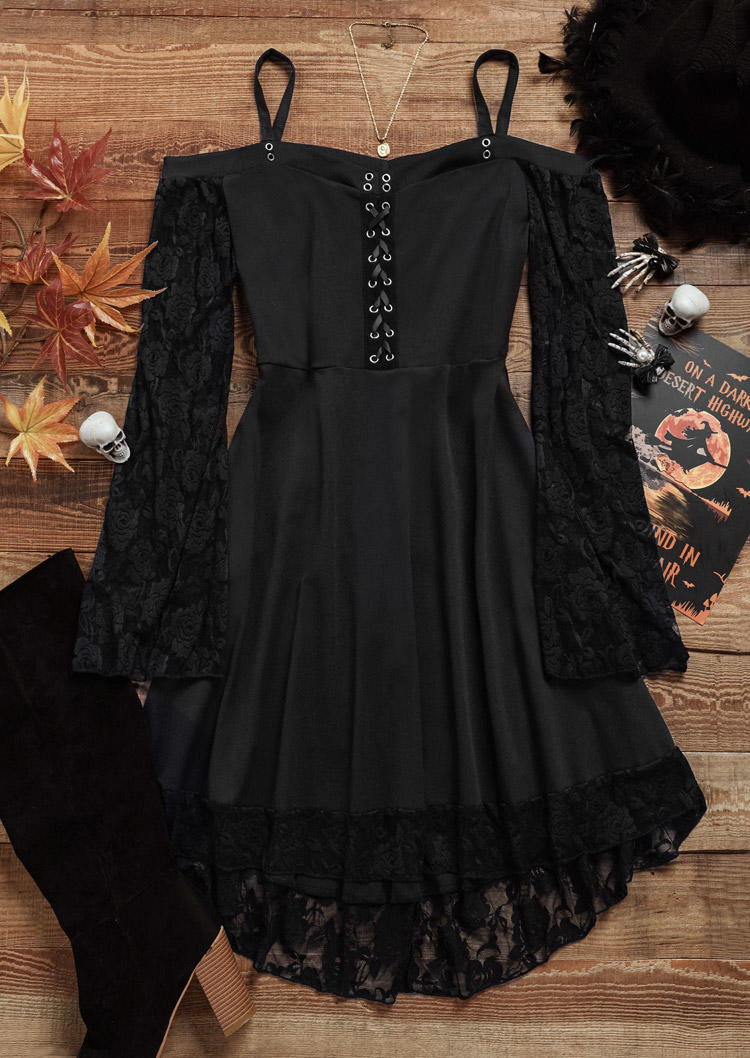 

Mini Dresses Halloween Lace Splicing Criss-Cross Cold Shoulder Mini Dress in Black. Size