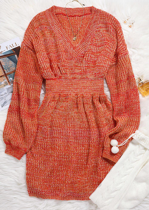 Long Sleeve V-Neck Sweater Mini Dress - Orange