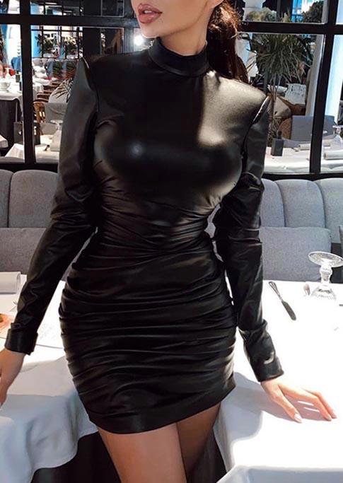 Ruched Long Sleeve Bodycon Dress - Black
