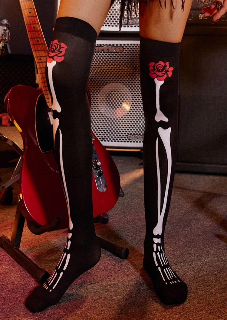 

Knee-High Socks Halloween Floral Skeleton Knee-High Socks in Black. Size