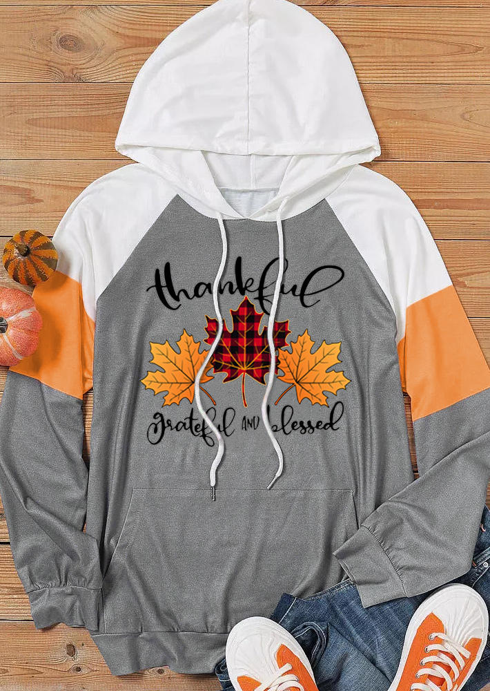 

Hoodies Thankful Grateful And Blessed Maple Leaf Plaid Hoodie in Gray. Size