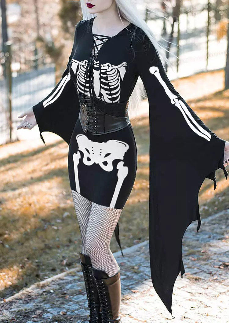 

Bodycon Dresses Halloween Skeleton Batwing Sleeve Bodycon Dress in Black. Size