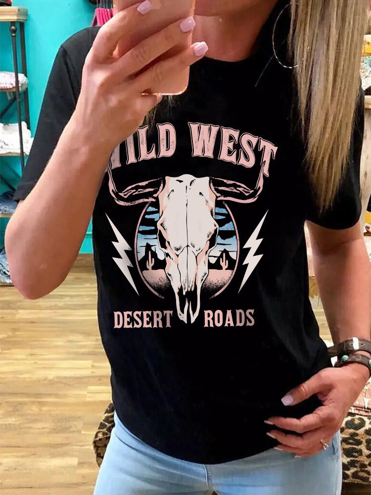 T-shirts Tees Desert Roads Wild West Steer Skull T-Shirt Tee in Black. Size: L,M,S,XL