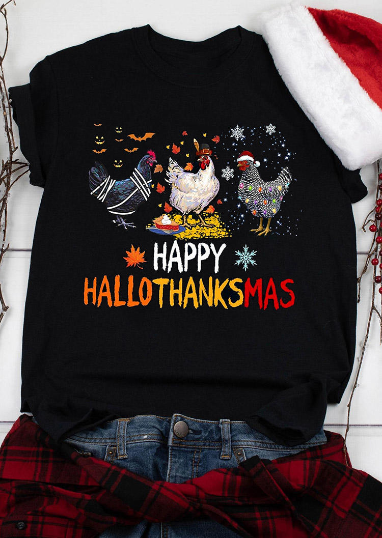 

T-shirts Tees Happy Hallothanksmas Maple Leaf Rooster T-Shirt Tee in Black. Size