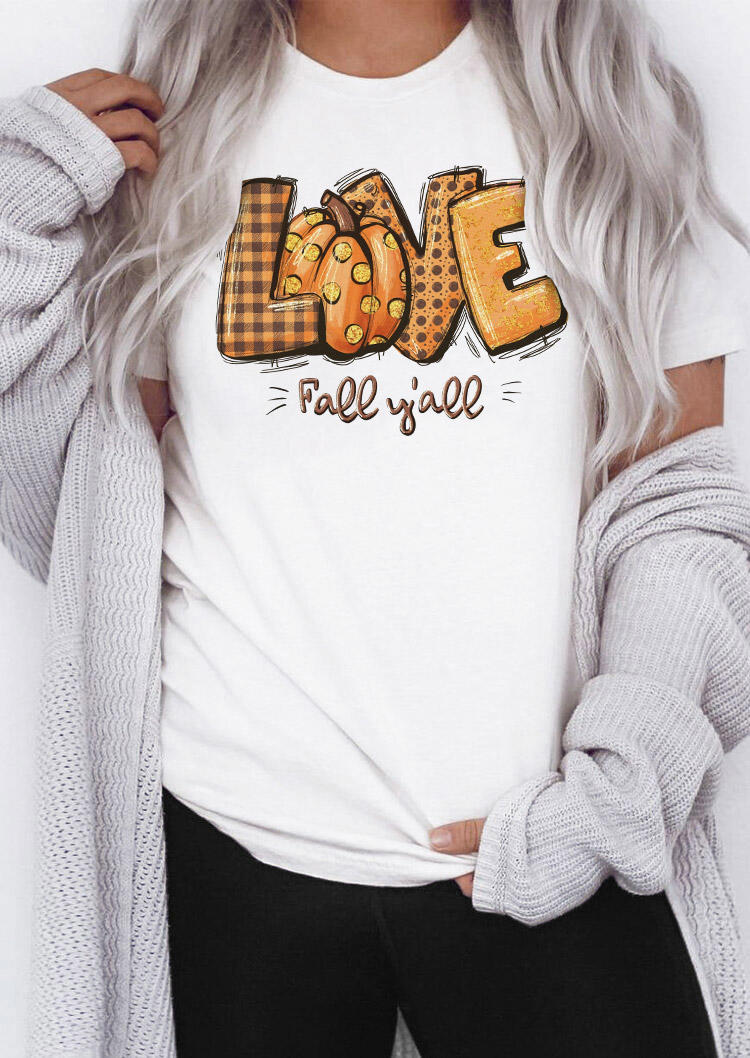 Love Fall Y'all Pumpkin Plaid Polka Dot T-Shirt Tee - White