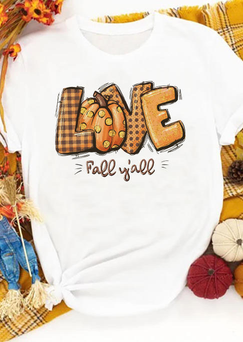 T-shirts Tees Love Fall Y'all Pumpkin Plaid Polka Dot T-Shirt Tee in White. Size: L,M,S