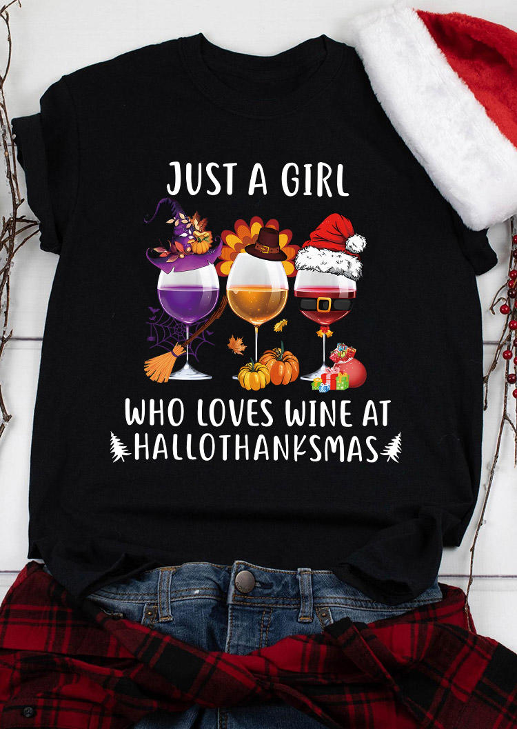 

T-shirts Tees Just A Girl Who Loves Wine At Hallothanksmas Pumpkin T-Shirt Tee in Black. Size