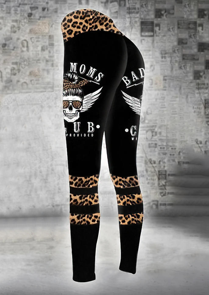 Halloween Bad Moms Club Skull Leopard Leggings - Black
