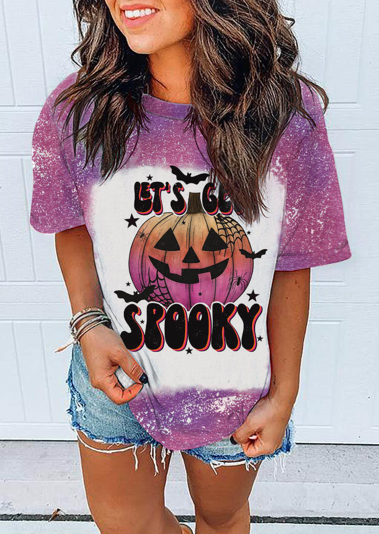 Halloween Let's Get Spooky Pumpkin Bat Bleached T-Shirt Tee - Purple
