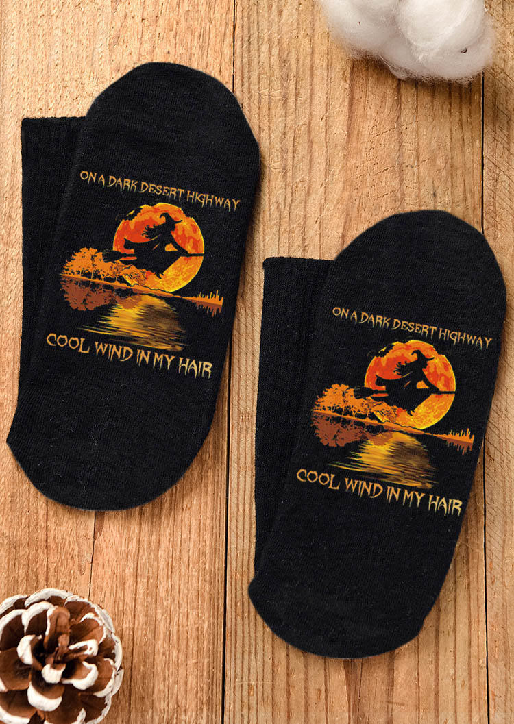 Crew Socks Halloween On A Dark Desert Highway Cool Wind In My Hair Witch Crew Socks in Black. Size: One Size