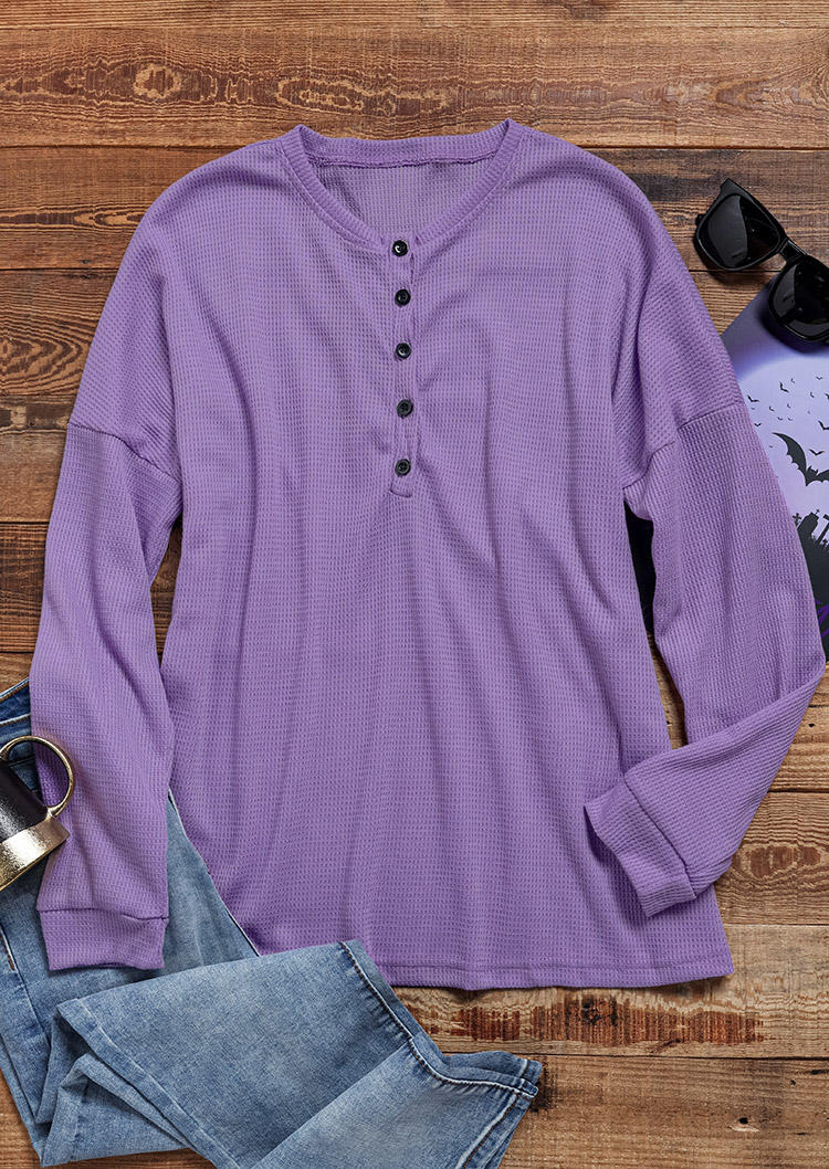Blouses Waffle Button Long Sleeve Blouse in Purple. Size: L,M,S,XL
