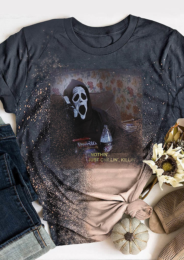T-shirts Tees Halloween Horror Movie Bleached T-Shirt Tee in Black. Size: L,M