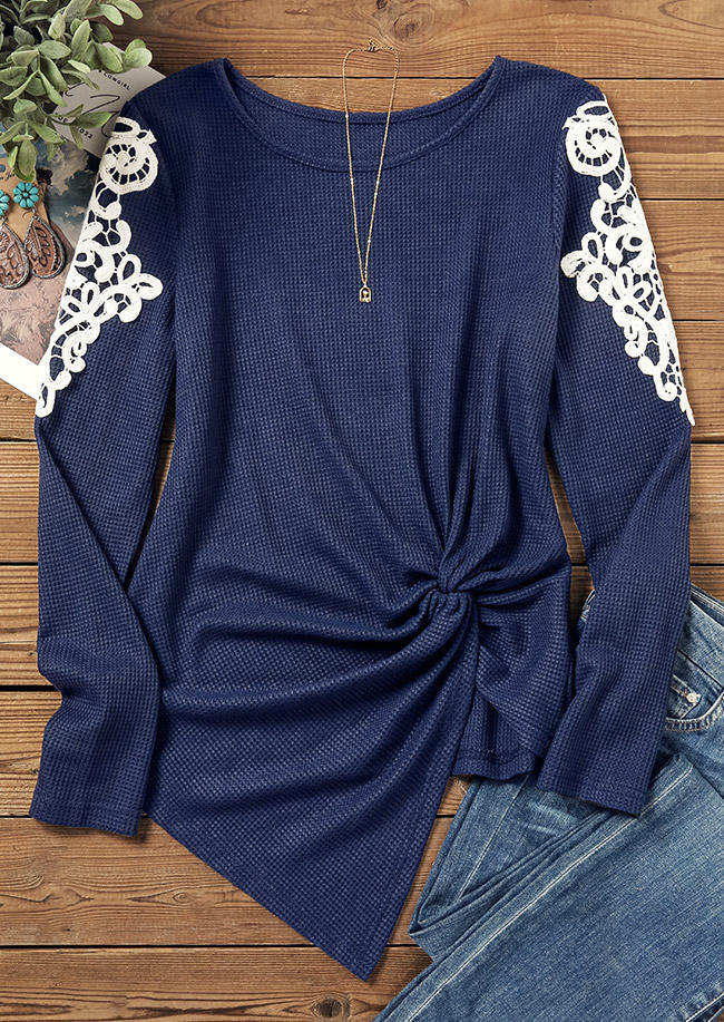 Blouses Lace Splicing Twist O-Neck Blouse - Navy Blue in Blue. Size: L,M,S,XL