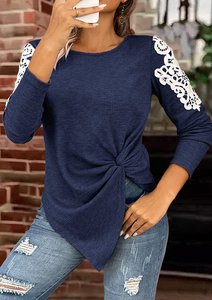 Lace Splicing Twist O-Neck Blouse - Navy Blue